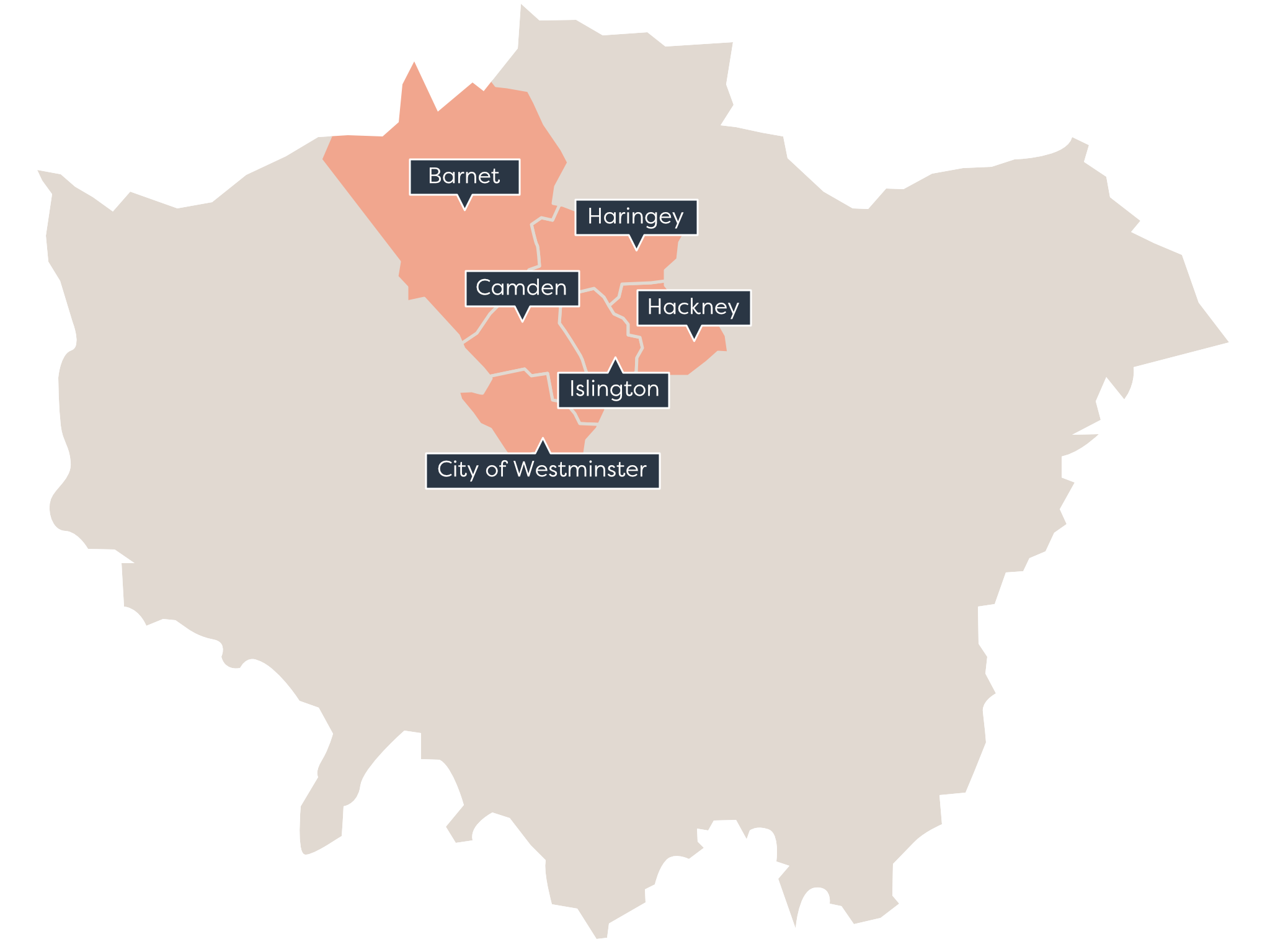 Map of London with the boroughs of Islington, Haringey, Barnet, Camden, Hackney and City of Westminster highlighted